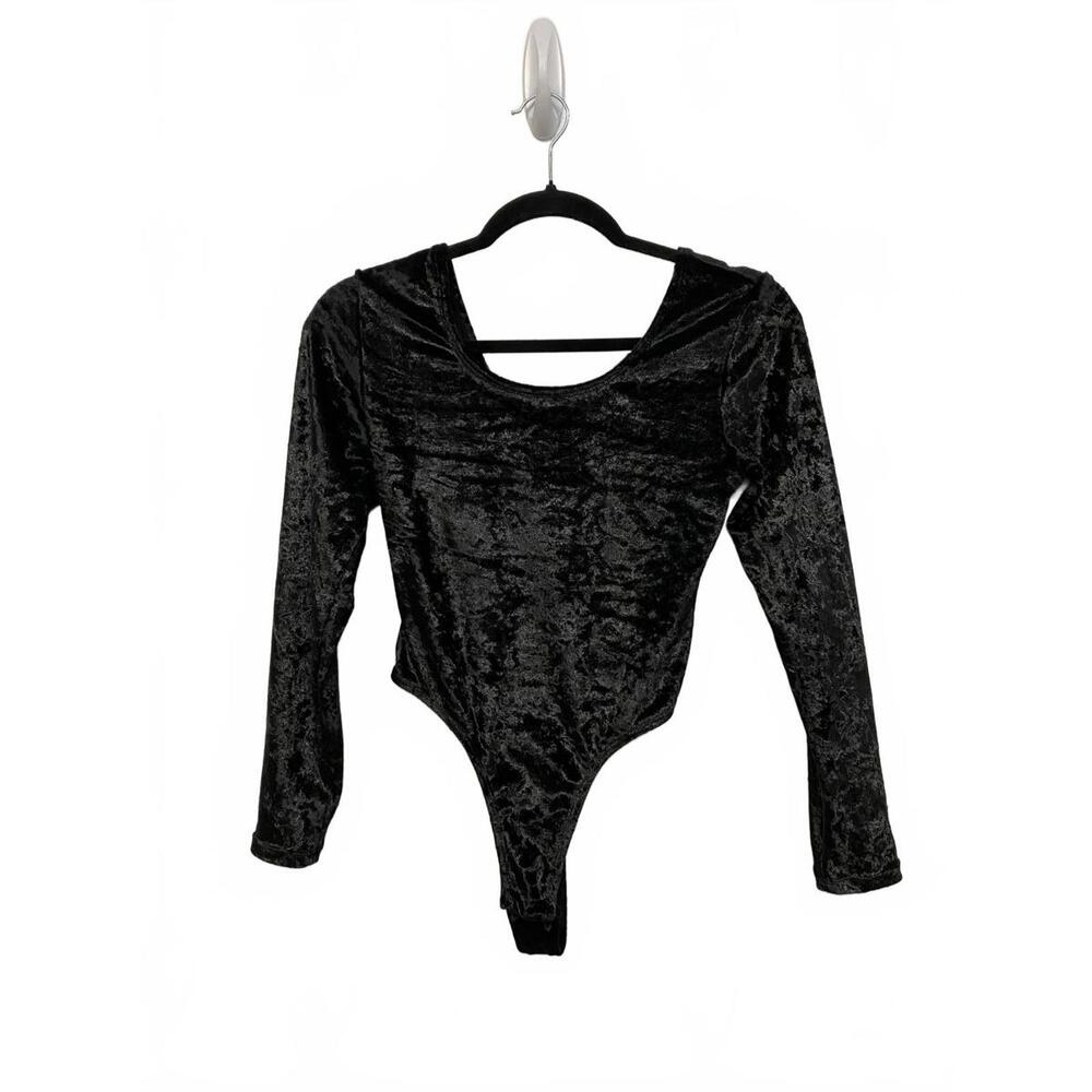 80s 90s Vintage Black Velvet Long Sleeve Thong Bodysuit Size Medium Jumping Joy